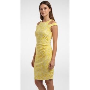Cache Dress Yellow White Floral Embossed Ruched Side Split Strap Sexy Size 0